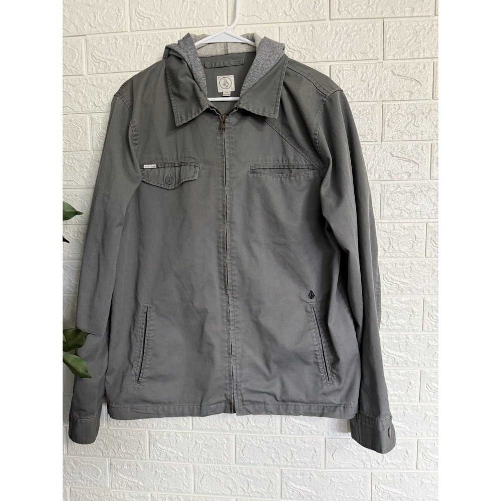 Volcom Full Zip Cotton Hooded Jacket Mens Large Gray Grunge Surf Relaxed Fit
